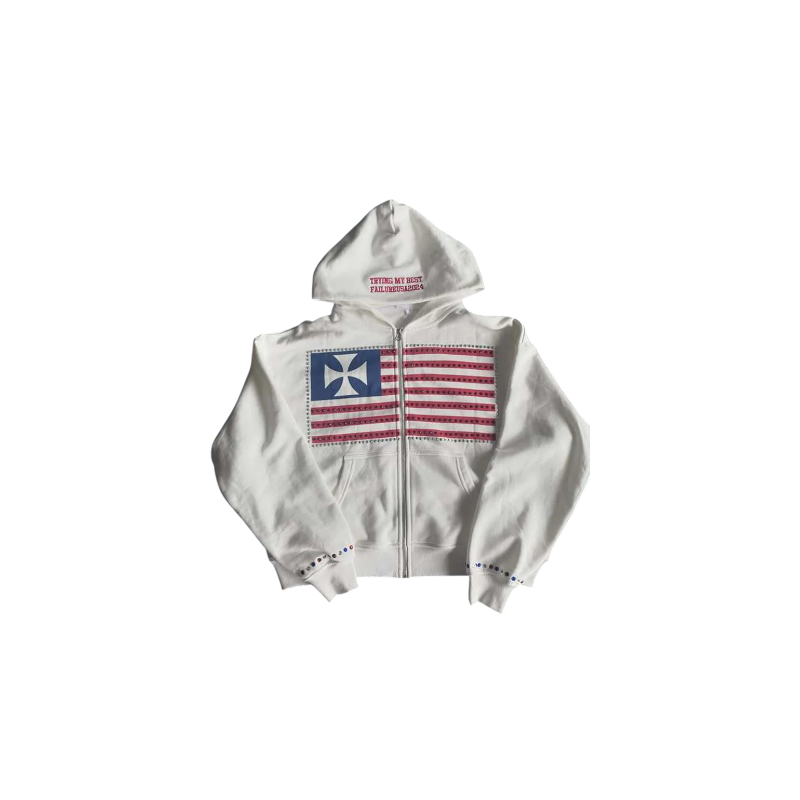 Rhinestone Flag Zip Up Hoodie