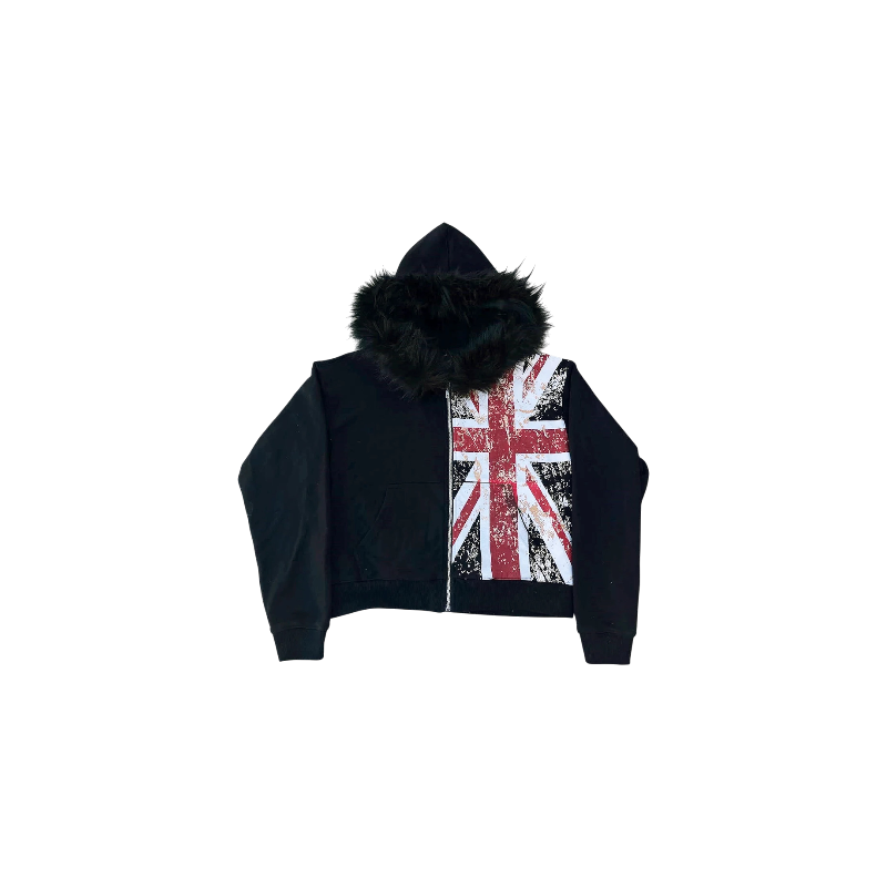 "London" Flag Fur Collar Zip Up Hoodie